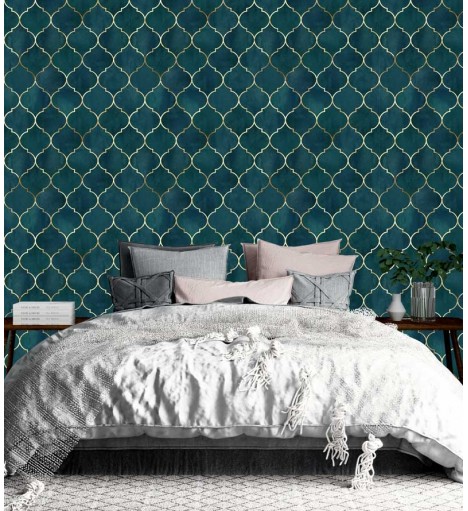 Papel de parede clássico Marraskesh em tons de Azul turquesa e Gold