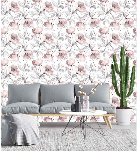 Papel de parede Peonia em tons de Branco, Cinza e Rosa