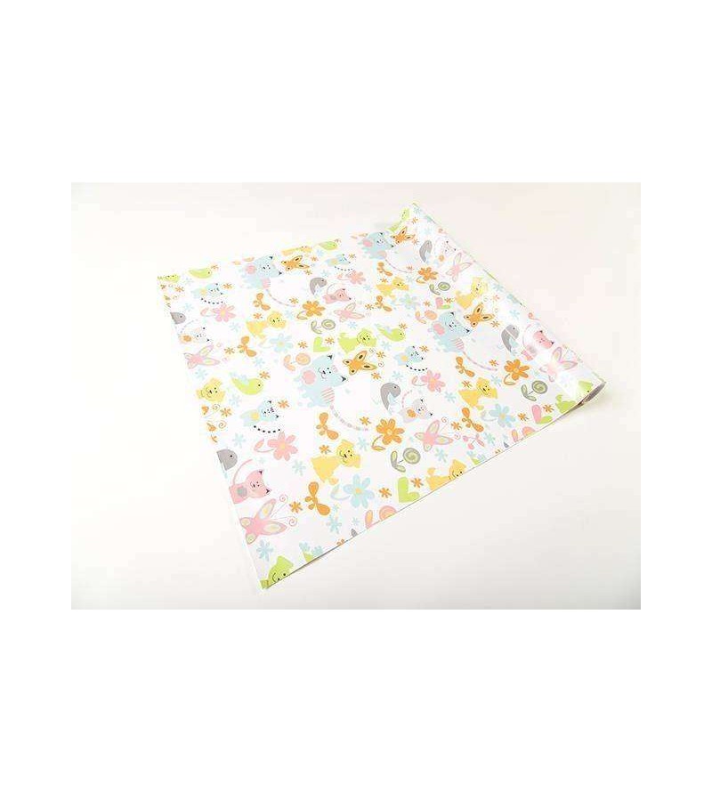 Papel de parede nas cores azul, laranja, amarelo, cinza, rosa e verde, com fundo branco - Infantil 155