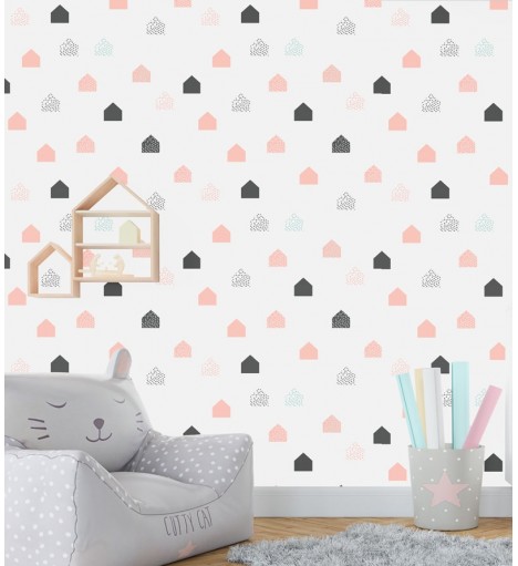 Papel de parede Marie em tons de cinza, rosa, verde e preto