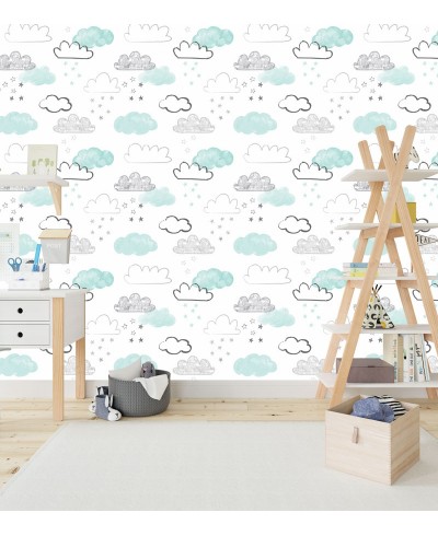 Papel de parede infantil Puff em tons de Branco, Preto e Cinza