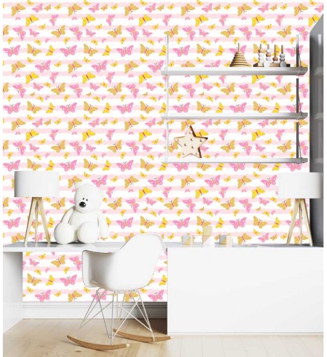 Papel de parede Golden festa das Borboletas em tons de Rosa, branco e gold