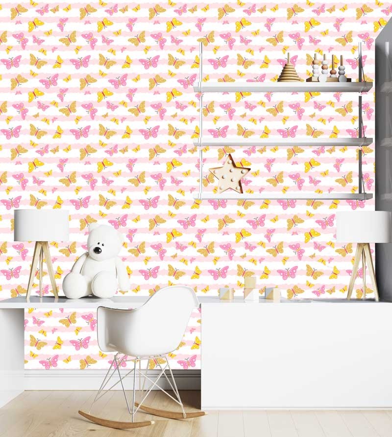 Papel de parede Golden festa das Borboletas em tons de Rosa, branco e gold