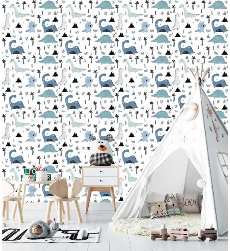 Papel de parede infantil Dino Elo em tons de Branco, preto, cinza e azul