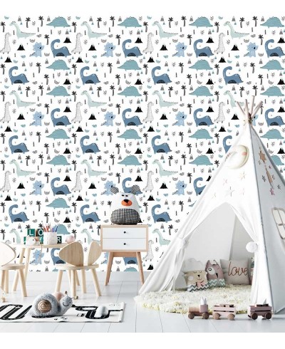 Papel de parede infantil Dino Elo em tons de Branco, preto, cinza e azul