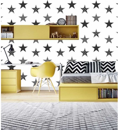 Papel de parede Estrela Black em tons de Branco, Preto e cinza