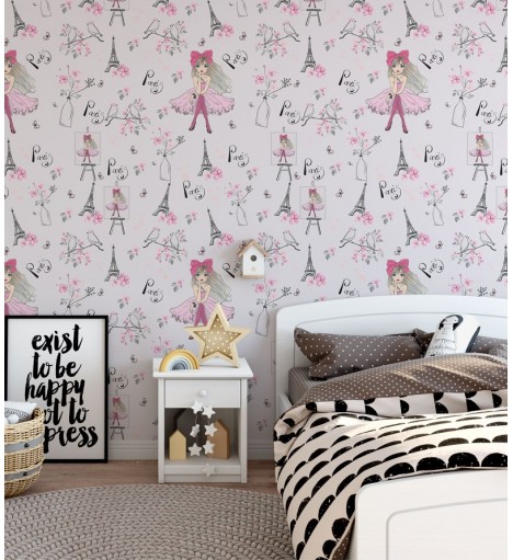 Papel de Parede Infantil Paris, com fundo rosa claro, Flores e torre Eiffel.