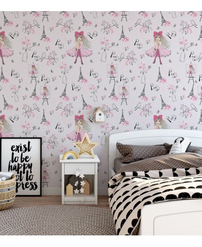 Papel de Parede Infantil Paris, com fundo rosa claro, Flores e torre Eiffel.