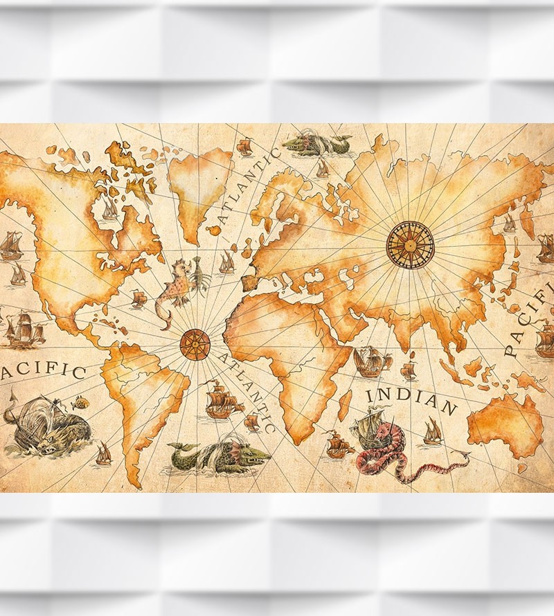Papel de Parede Foto Mural Mapa Mundi Monstros do Oceano