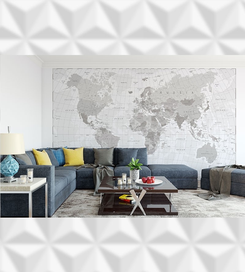 Papel de Parede Foto Mural Mapa Mundi Em tons de Branco e Cinza