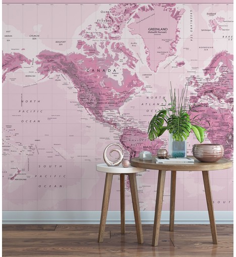 Papel de Parede Foto Mural Mapa Mundi Em tons de Rosa