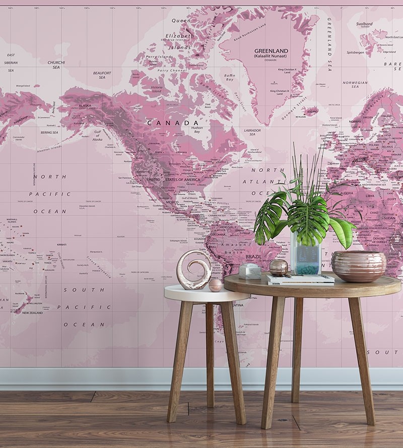 Papel de Parede Foto Mural Mapa Mundi Em tons de Rosa