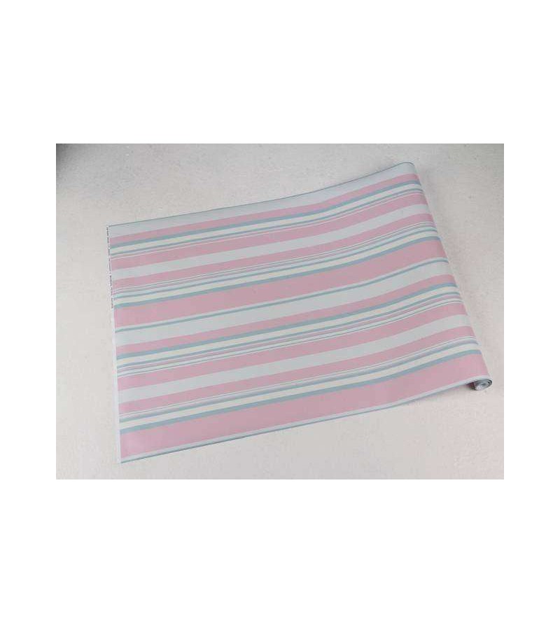 Papel de parede listrado rosa bebê, azul, e branco