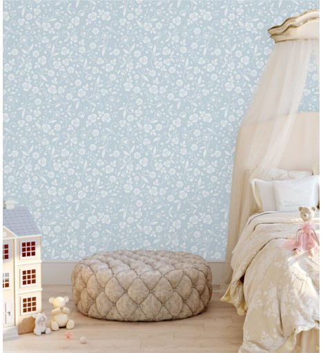 Papel de parede Floral em tons de azul e branco