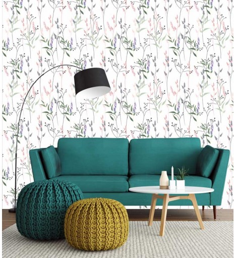 Papel de parede Floral em tons de Rosa, Verde e Roxo