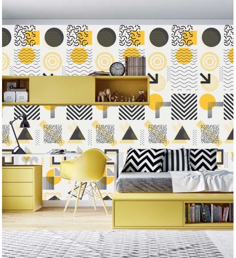 Papel de parede Teen Memphis em tons de amarelo e preto