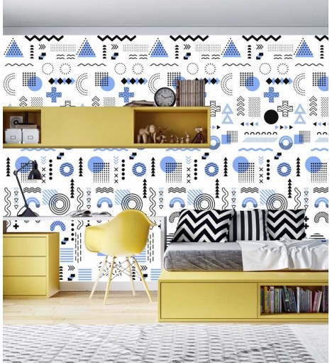 Papel de parede Teen Memphis em tons de Azul, Branco e Preto