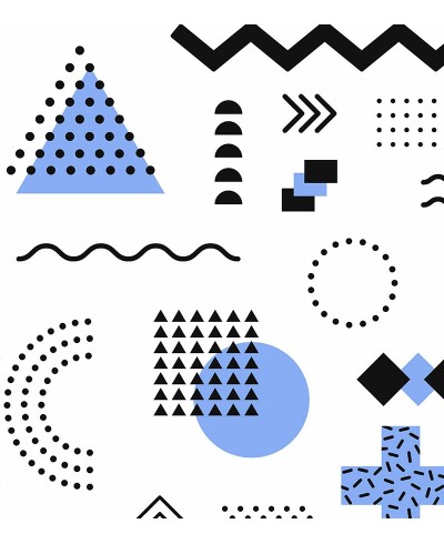 Papel de parede Teen Memphis em tons de Azul, Branco e Preto
