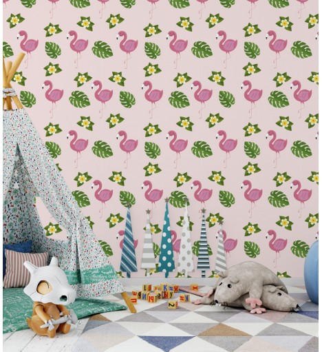 Papel de parede Flamingos e Folhas