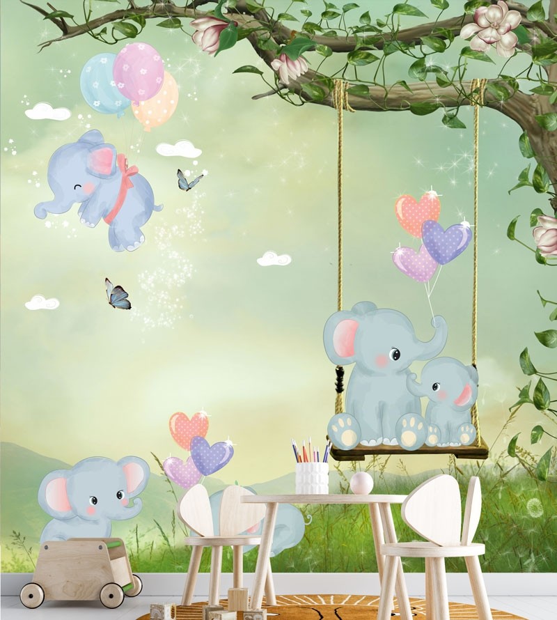 Painel Fotomural Paisagem Com Elefantinhos
