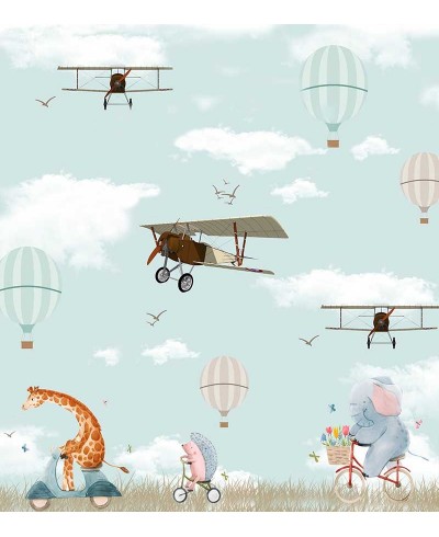 Painel Fotomural Infantil Paisagem Com Animais e Aviões
