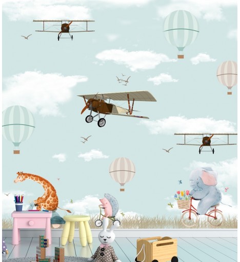 Painel Fotomural Infantil Paisagem Com Animais e Aviões
