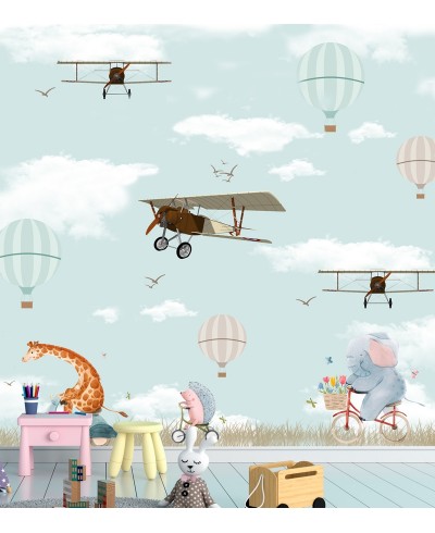 Painel Fotomural Infantil Paisagem Com Animais e Aviões