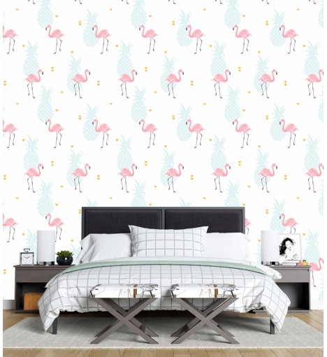 Papel de Parede Flamingos Abacaxi
