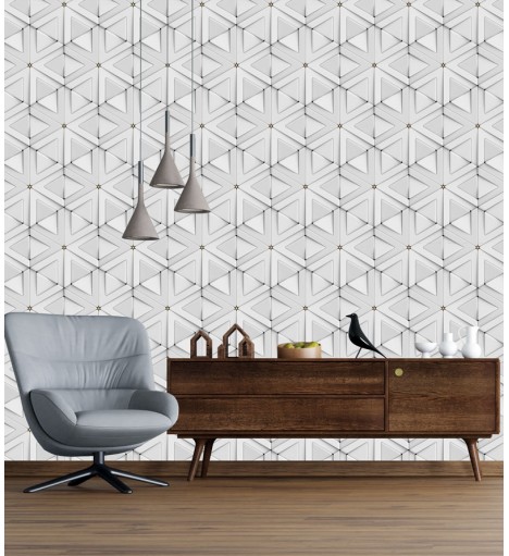 Papel de Parede 3D Triângulos em tons de cinza, branco e amarelo