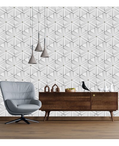 Papel de Parede 3D Triângulos em tons de cinza, branco e amarelo