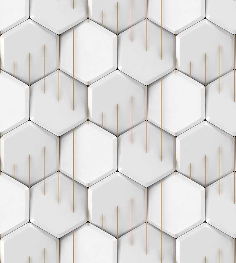 Papel de Parede 3D Hexágono Em tons de branco, cinza e amarelo