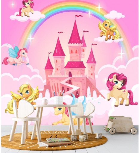 Painel Fotomural Unicórnios no castelo