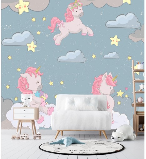 Painel Fotomural Unicórnios no céu