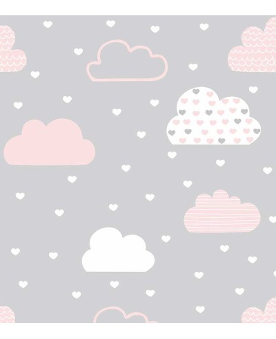 Papel de Parede Bebê Fofura nuvens em tons de cinza e rosa
