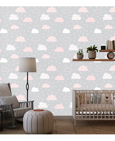 Papel de Parede Bebê Fofura nuvens em tons de cinza e rosa