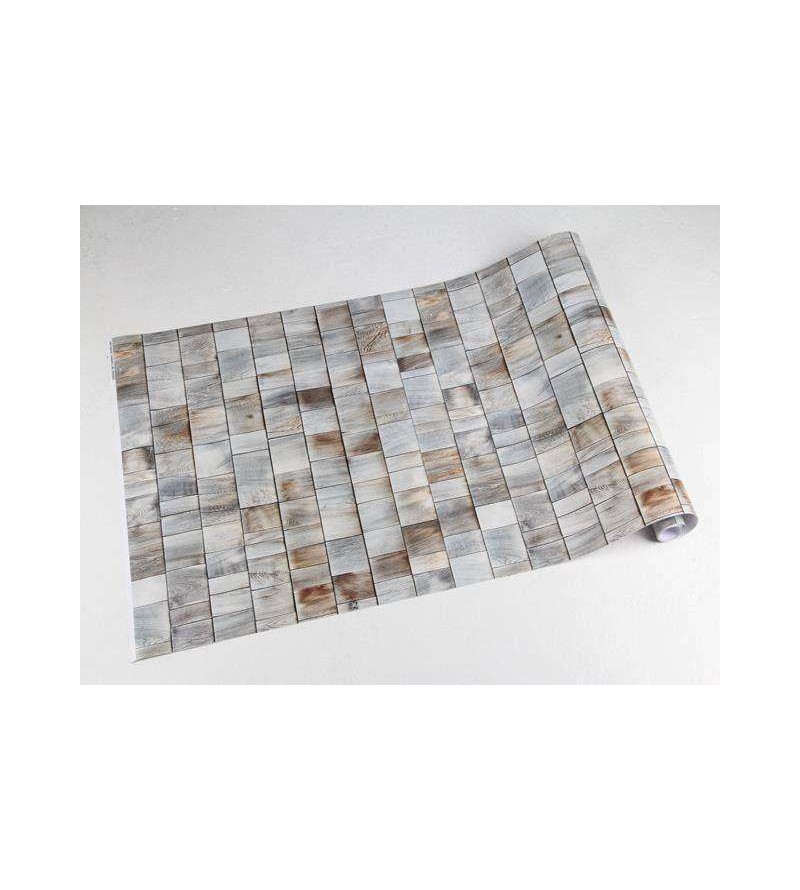 Papel de parede estilo madeira, modelo mosaico com madeira velhas em tons de cinza, marrom e bege - Madeira 06