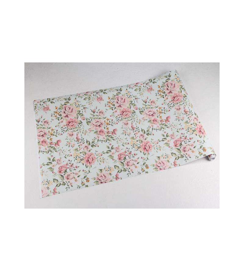 Papel de parede floral em rose, carmim, laranja, fundo em tons verde