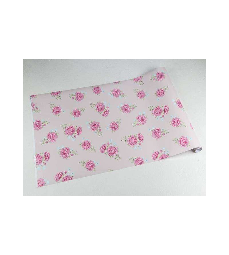 Papel de parede com fundo rosa claro, flores em tons rosa e azul, e folhas em tons verdes - Rose 09