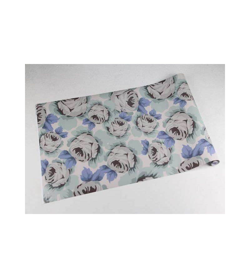 Papel de parede floral azul e verde musgo com fundo cinza