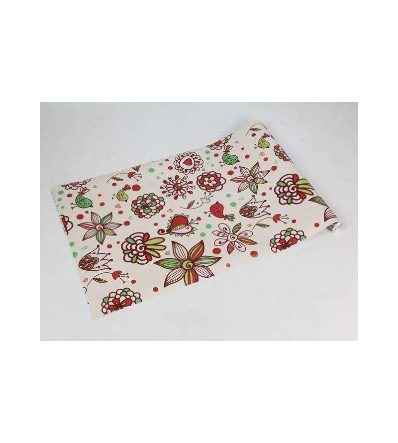 Papel de parede com fundo bege e detalhes em verde, vermelho, marrom e rosa - Teen 18