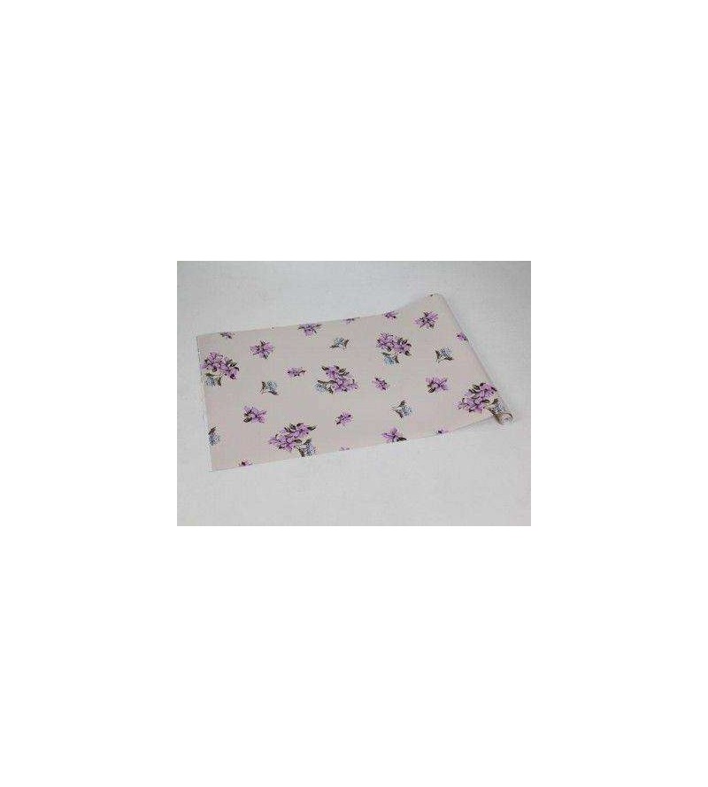 Papel de parede floral tons nude, flores roxas com galhos em verde musgo, tons de azul - Encanto 01