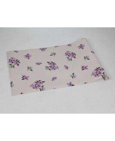 Papel de parede floral tons nude, flores roxas com galhos em verde musgo, tons de azul - Encanto 01 Papel de parede floral tons nude, flores roxas com galhos em verde musgo, tons de azul - Encanto 01