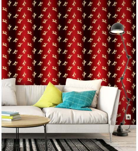 Papel De Parede Adesivo de cavalos dourados em um fundo vermelho
