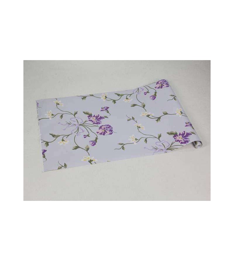 Papel de parede floral tons claros de azul, branco e amarela, folhagem em verde musgo e fundo roxo - Encanto 08