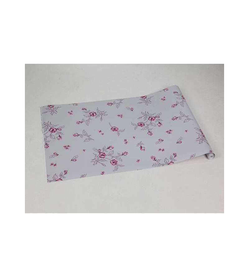 Papel de parede floral com fundo cinza claro, flores em bordo e rosa com galhos em tons de roxo - Encanto 14