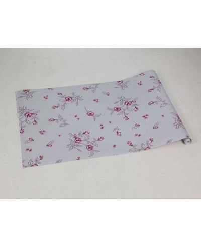 Papel de parede floral com fundo cinza claro, flores em bordo e rosa com galhos em tons de roxo - Encanto 14