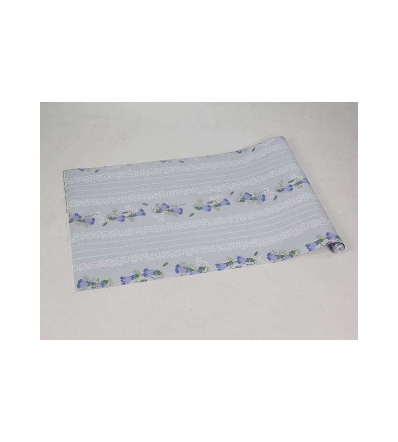 Papel de parede floral com fundo azul claro e detalhes branco, flores em tons de azul com galhos verde - Encanto 18