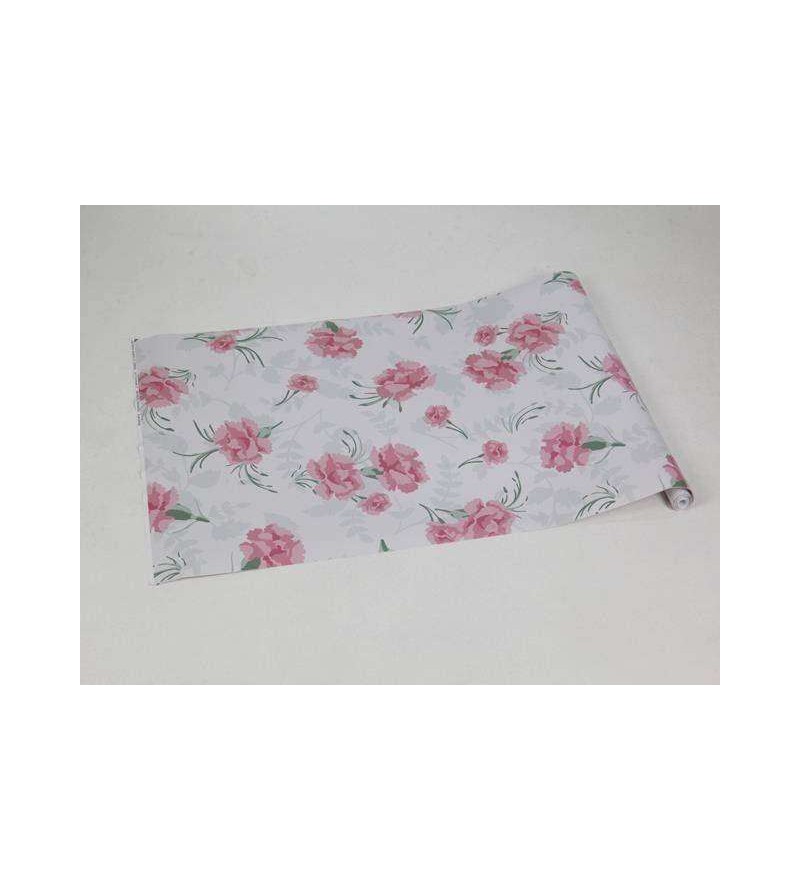 Papel de parede floral com fundo branco e detalhes cinza claro, flores em tons de rosa com galhos verdes - Encanto 21