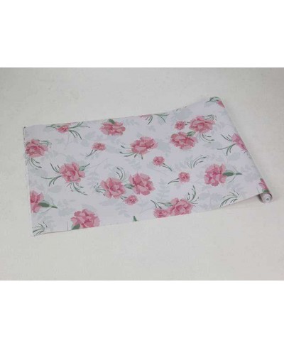 Papel de parede floral com fundo branco e detalhes cinza claro, flores em tons de rosa com galhos verdes - Encanto 21
