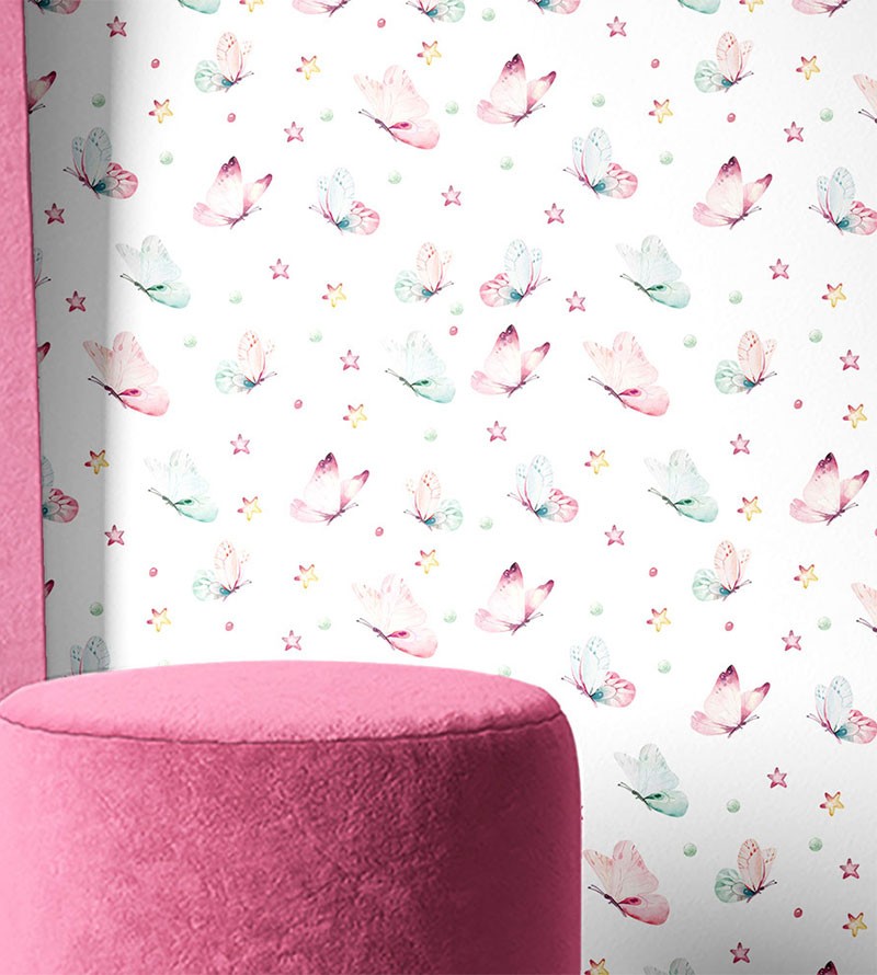 Papel de parede com borboletas em tons aquarela...